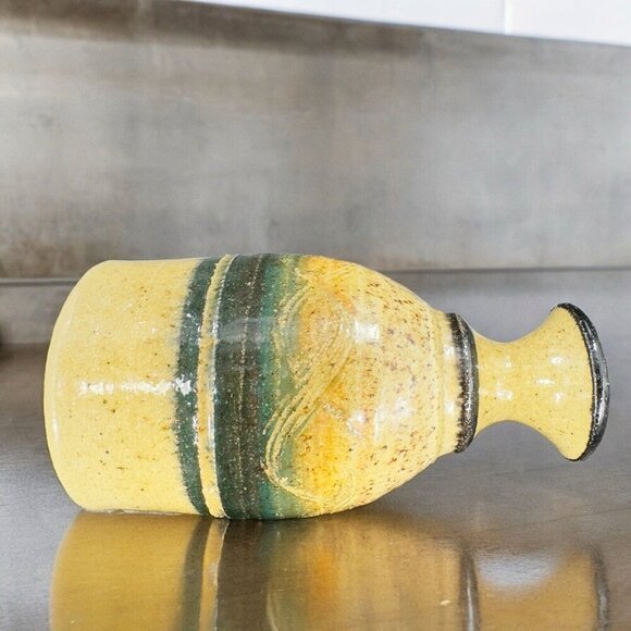 Studio Art Pottery Vase Bottle Shaped Vessel Hand Made Yellow Glazed Carved VTG - Picture 2 of 13